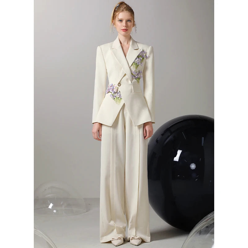 Three-Dimensional Flower Trendy Design Office Lady Wide Leg Pants Suit Outfits Business Temperament Suit Pants Women's Suit
