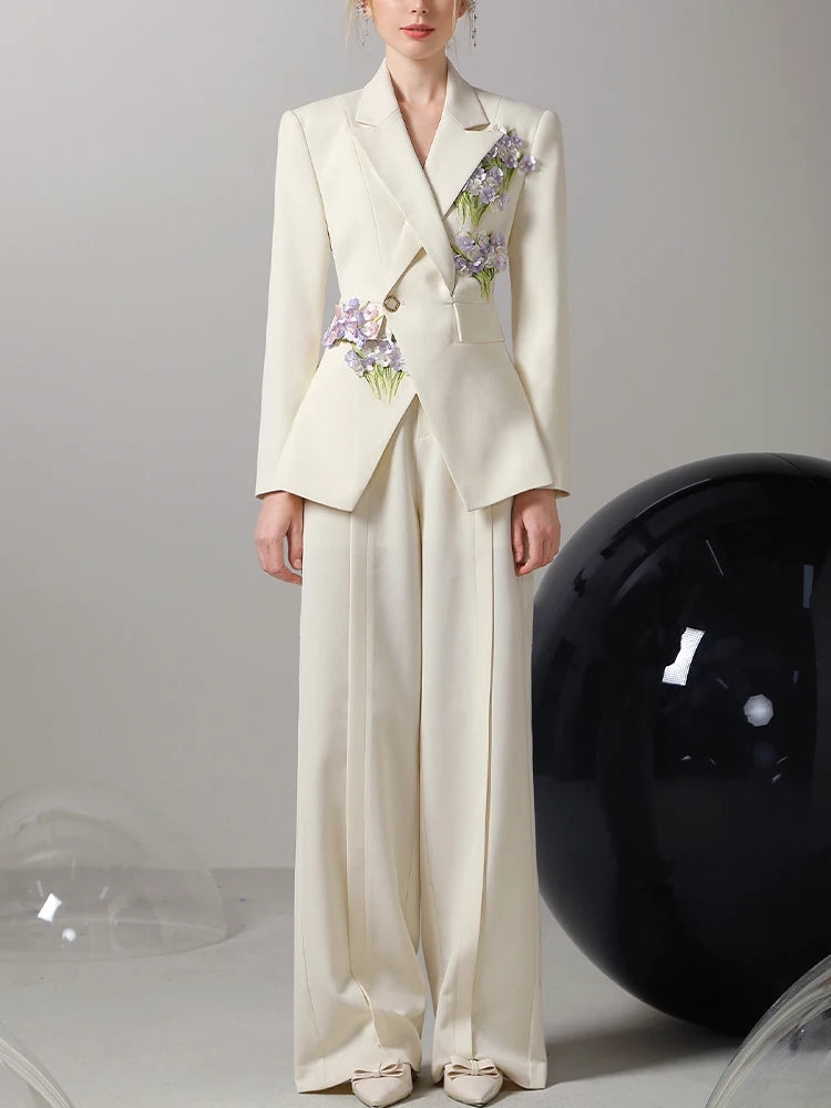 Three-Dimensional Flower Trendy Design Office Lady Wide Leg Pants Suit Outfits Business Temperament Suit Pants Women's Suit