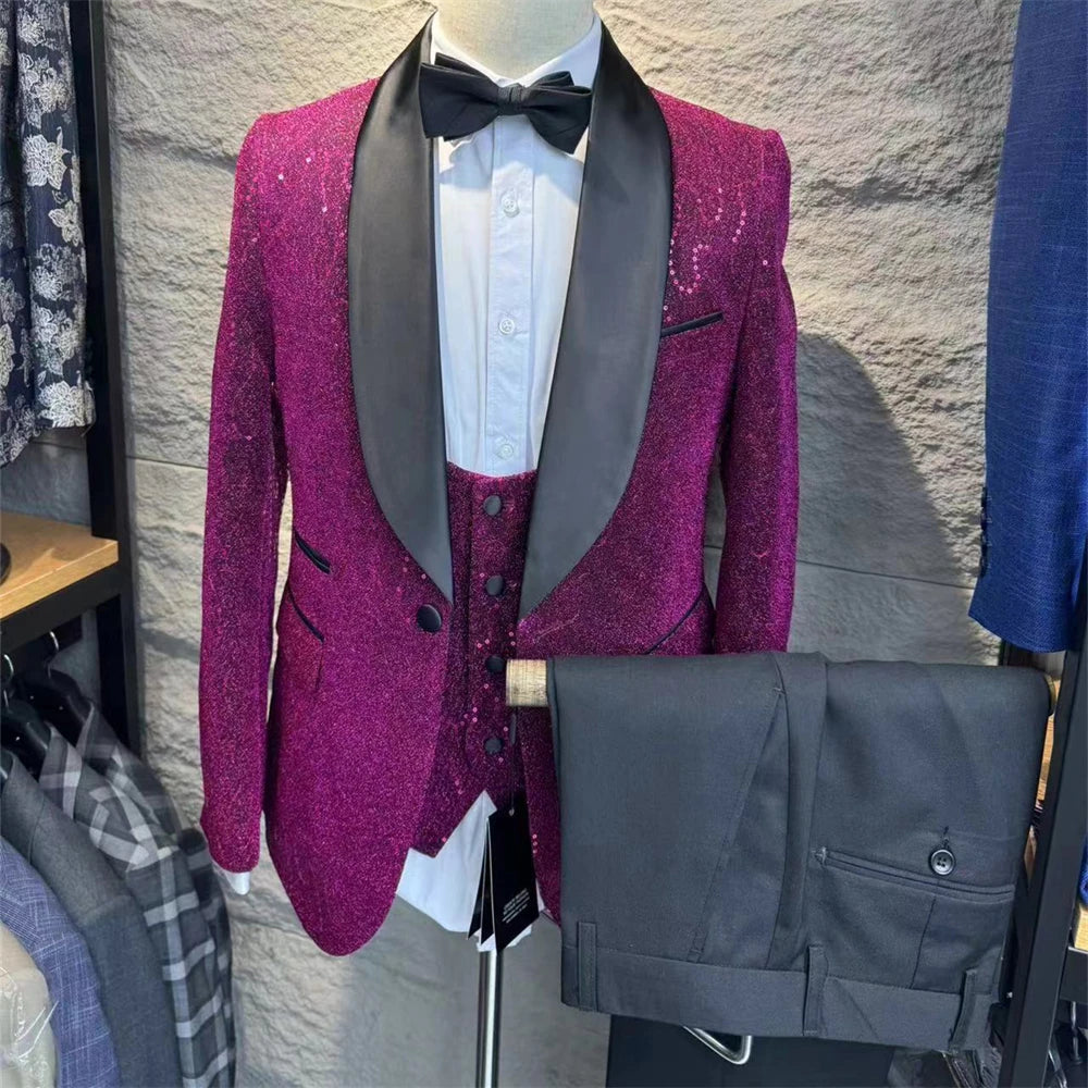 Conjunto de trajes formales de tres piezas para hombre, trajes de jacquard, blazer, chaleco, pantalones, esmoquin ajustado de alta calidad para hombre.
