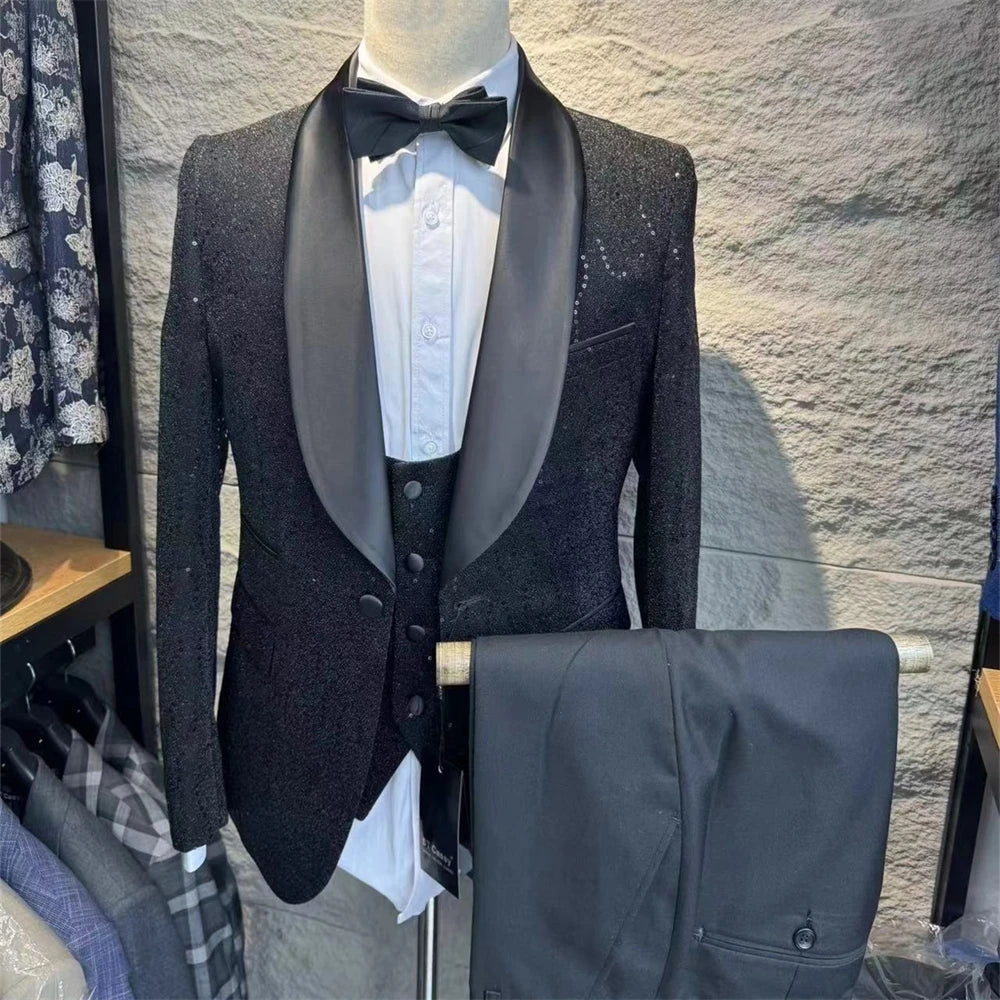 Conjunto de trajes formales de tres piezas para hombre, trajes de jacquard, blazer, chaleco, pantalones, esmoquin ajustado de alta calidad para hombre.