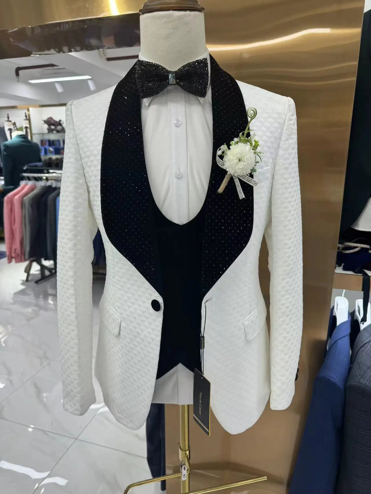 Costume trois pièces pour homme avec col châle pailleté, blazer slim ajusté à un bouton, gilet noir et pantalon, smoking de fête