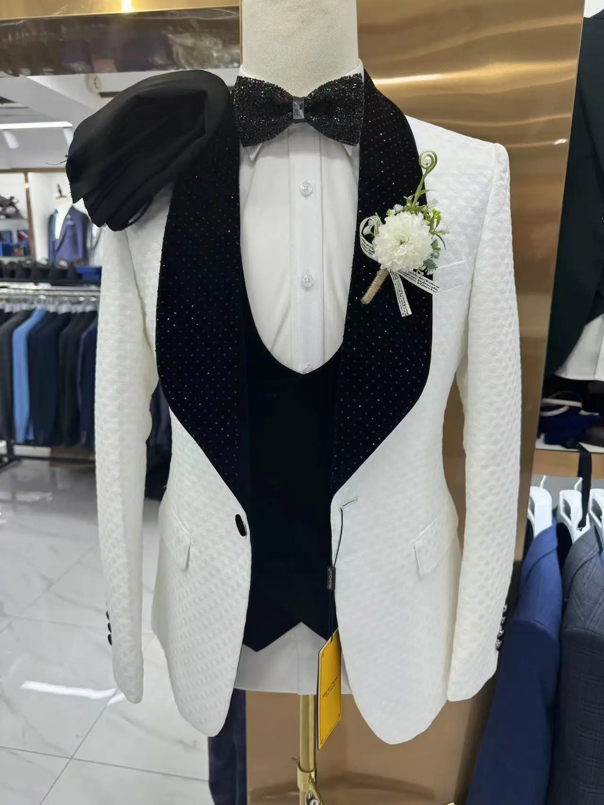 Costume trois pièces pour homme avec col châle pailleté, blazer slim ajusté à un bouton, gilet noir et pantalon, smoking de fête