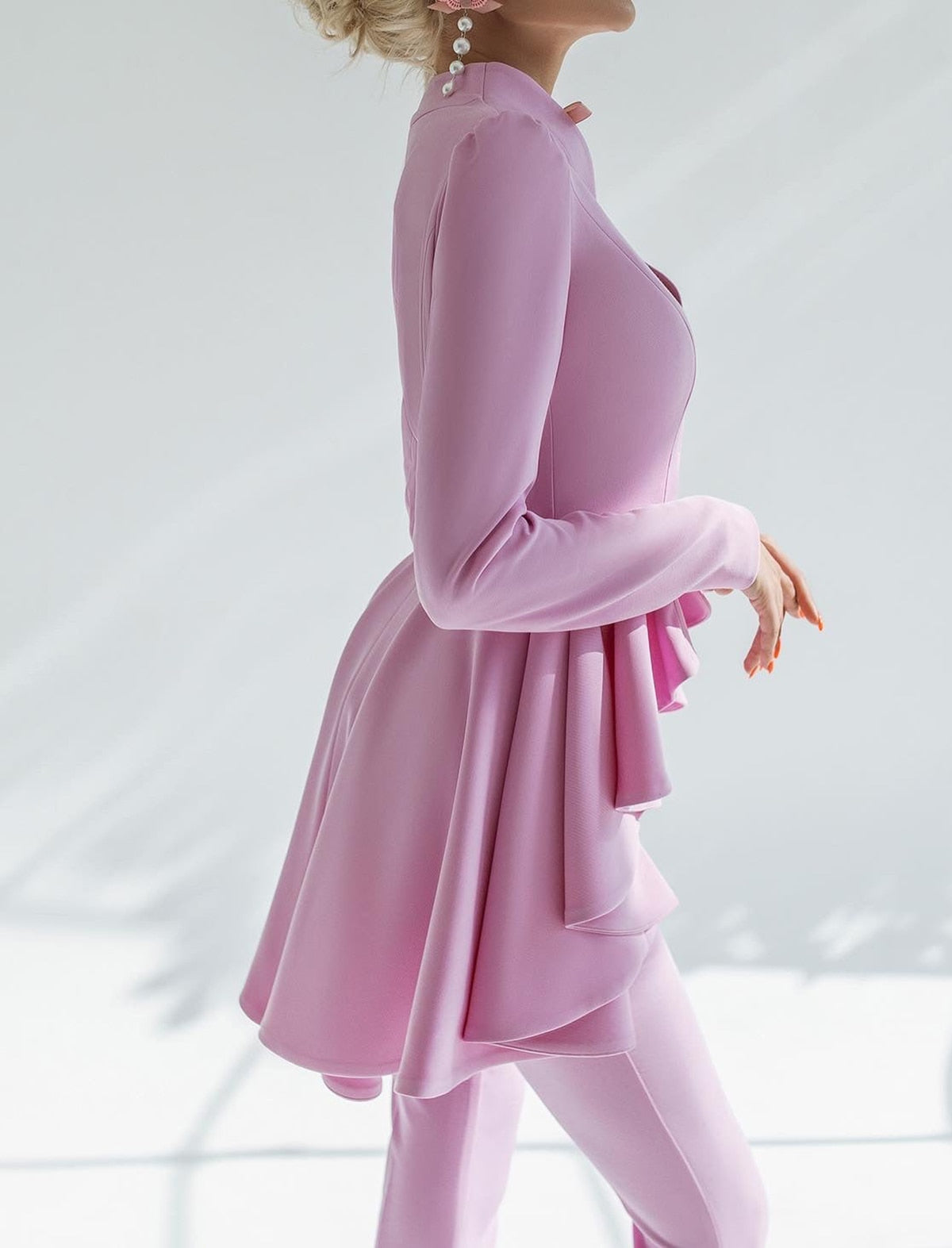 Tiered Ruffles Women Pants Suits Slim Fit Long Sleeve Trousers Sets Work Business Wear 2 Pieces