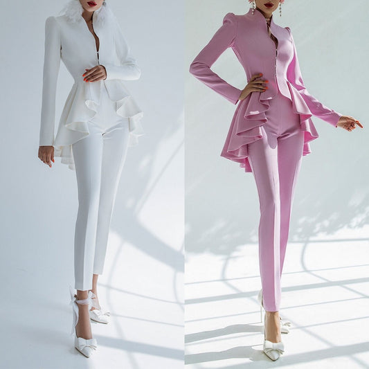 Tiered Ruffles Women Pants Suits Slim Fit Long Sleeve Trousers Sets Work Business Wear 2 Pieces