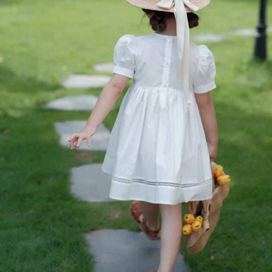 Girls White Cotton Puff Sleeve Summer Dress with Lace Trim and Straw Hat