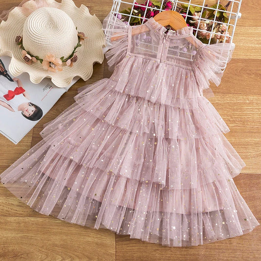 Vestido de tul en capas para niñas con mangas con volantes y purpurina de estrellas 