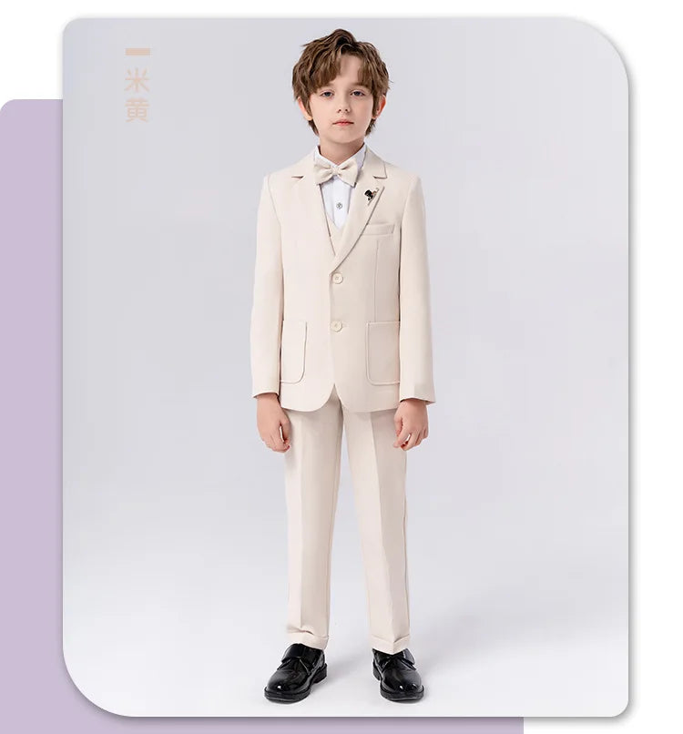 Boys Ivory 3 Piece Suit Formal Blazer Vest Pants Set With Bow Tie