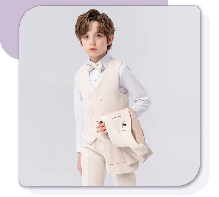 Boys Ivory 3 Piece Suit Formal Blazer Vest Pants Set With Bow Tie