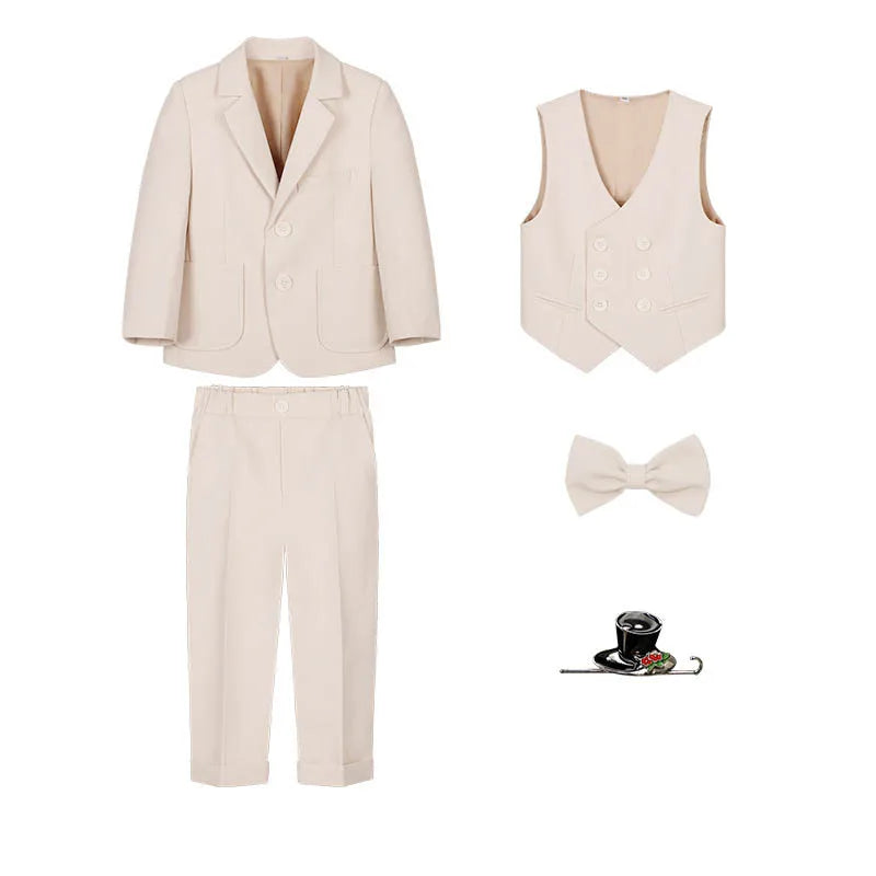 Boys Ivory 3 Piece Suit Formal Blazer Vest Pants Set With Bow Tie