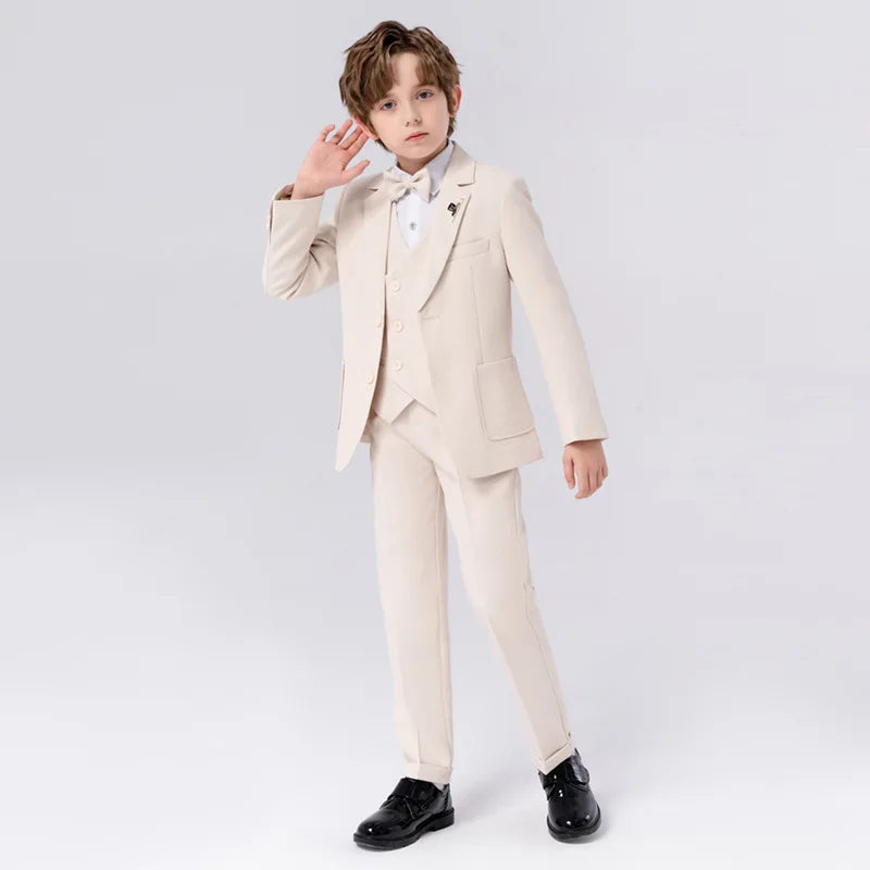 Boys Ivory 3 Piece Suit Formal Blazer Vest Pants Set With Bow Tie