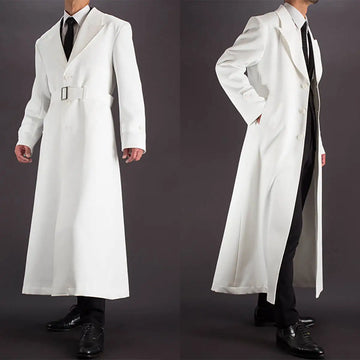 Elegant White Trench Coat for Men with Belted Design – Lightweight Autumn Formal Wear for Weddings and Events