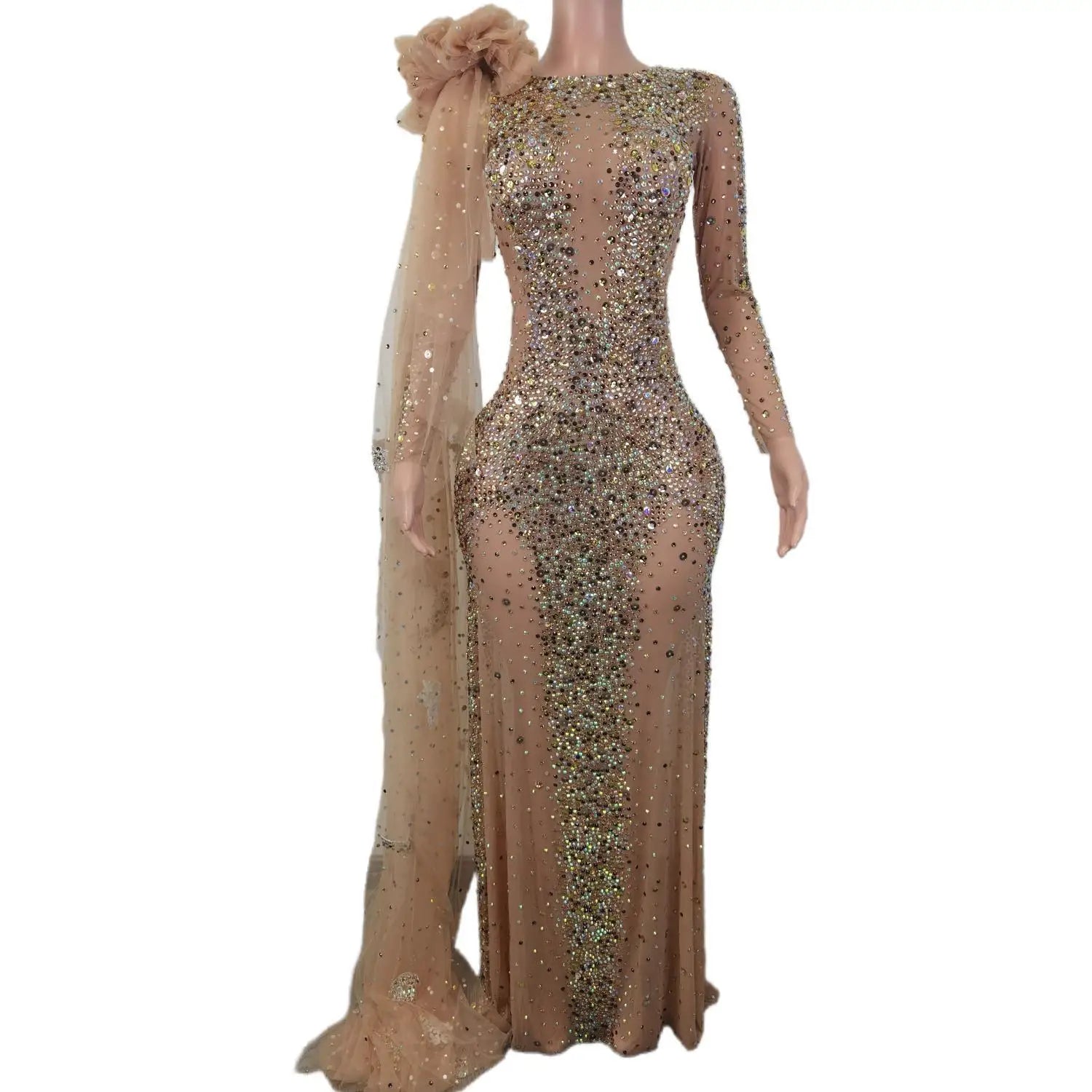 Elegante vestido largo de manga larga con cristales transparentes para mujer, ideal para bodas, bailes de graduación y eventos formales. 