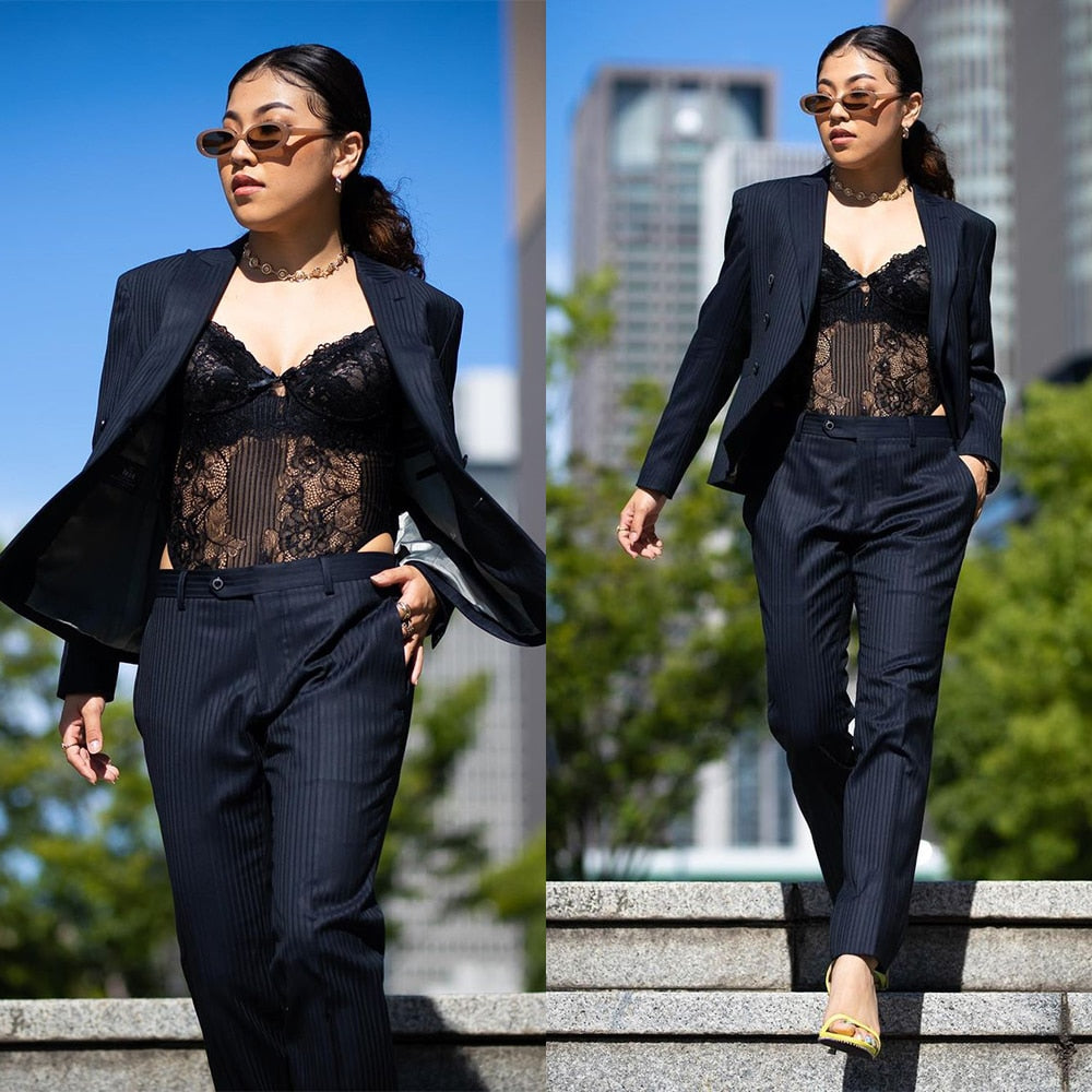 Costumes pour femmes pour mariage à rayures noires, ensemble blazer pour mère de la mariée, smoking de soirée, tenue de ville formelle 2 pièces 