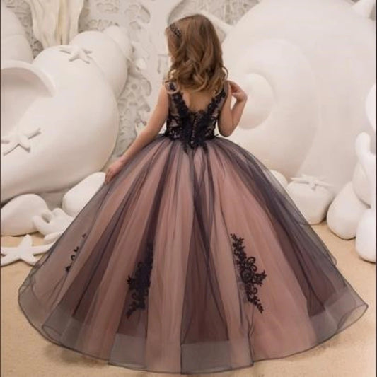 Vestido de fiesta elegante de tul y encaje hasta el suelo para niñas con apliques