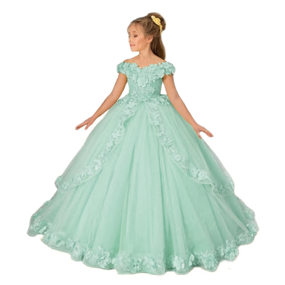 Girls Mint Green Princess Dress Ball Gown with Floral Appliques and Off-Shoulder Design