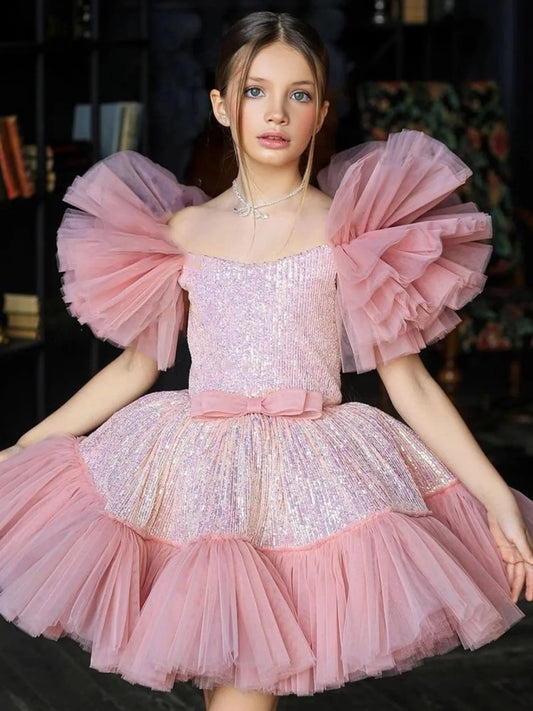 Girls Pink Ruffled Tulle and Sequin Dress with Puffed Sleeves and Bow Detailing
