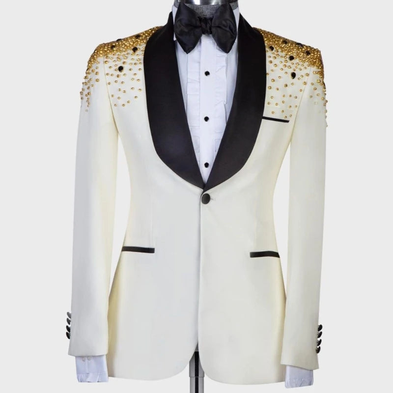 Veste blanche pour homme avec revers noir et ornements dorés 
