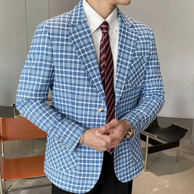 Men's Blue Plaid Checkered Blazer Jacket with Single Button Closure and Notch Lapel Collar