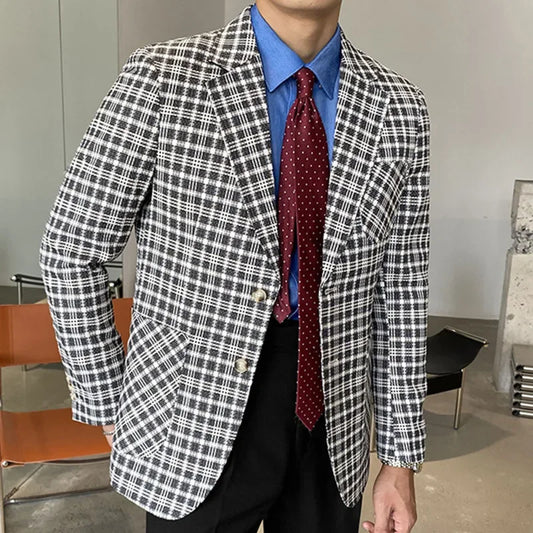 Men's Blue Plaid Checkered Blazer Jacket with Single Button Closure and Notch Lapel Collar