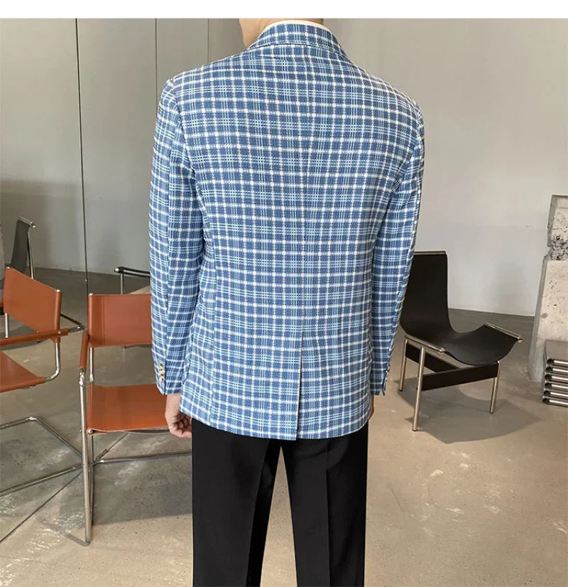Men's Blue Plaid Checkered Blazer Jacket with Single Button Closure and Notch Lapel Collar