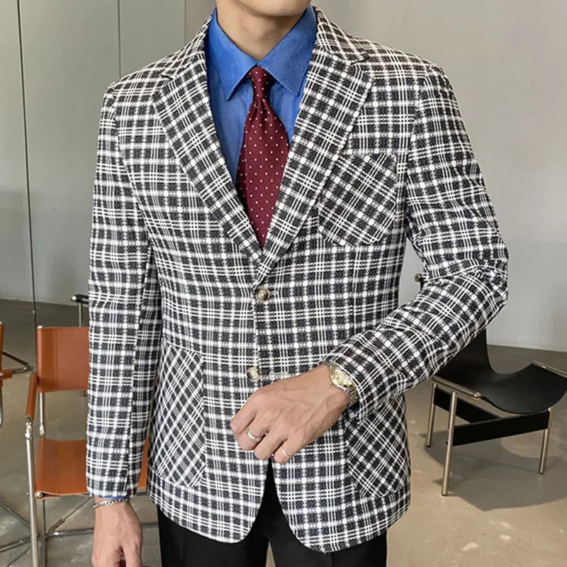 Men's Blue Plaid Checkered Blazer Jacket with Single Button Closure and Notch Lapel Collar