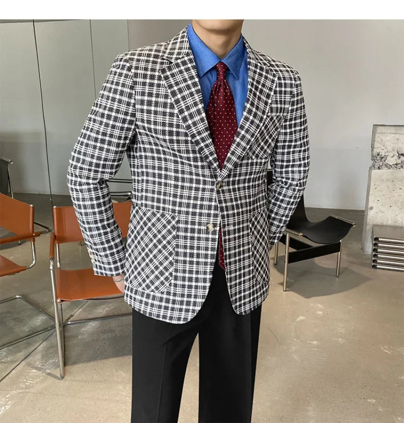 Men's Blue Plaid Checkered Blazer Jacket with Single Button Closure and Notch Lapel Collar