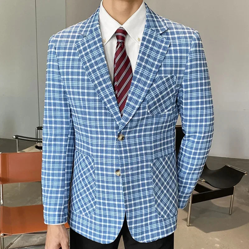 Men's Blue Plaid Checkered Blazer Jacket with Single Button Closure and Notch Lapel Collar