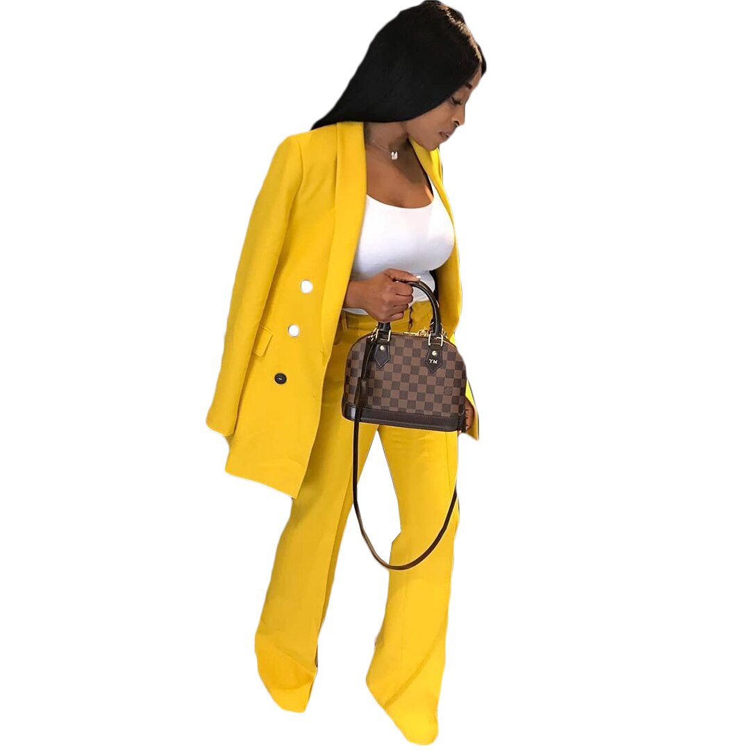 Two Piece Women Business Blazer Set Office Lady Yellow Double Breasted Mother of the Bride Pants Suits 2 Pieces