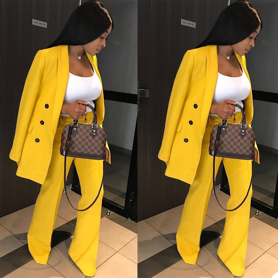 Ensemble deux pièces pour femme, blazer d'affaires, costume jaune croisé pour mère de la mariée, pantalon 2 pièces 