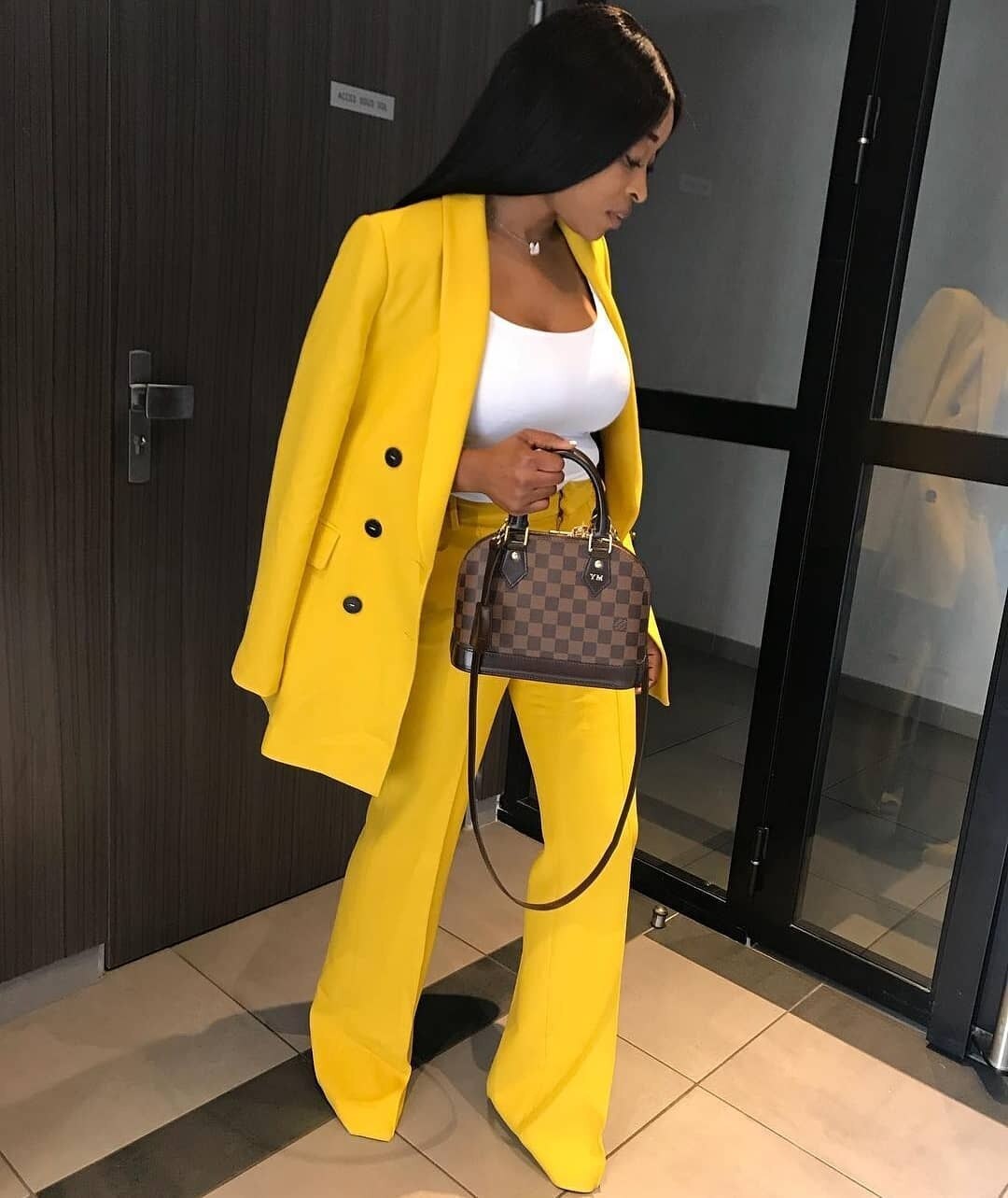 Conjunto de dos piezas de chaqueta de negocios para mujer, traje de pantalón cruzado amarillo para madre de la novia, 2 piezas 