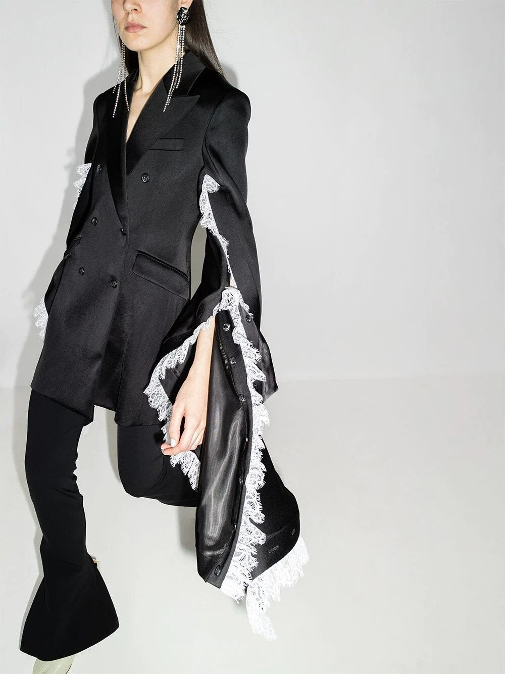 Diseño único, blazer negro para mujer, trajes ajustados de encaje para madre de la novia, esmoquin para fiesta de graduación, invitada, ropa de boda, 2 piezas 