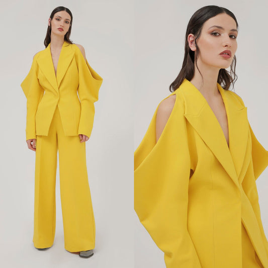 Unique Design Yellow Women Pants Suits Leisure Loose Mother Of The Bride Suit Evening Party Blazer Guest Wear 2 Pieces