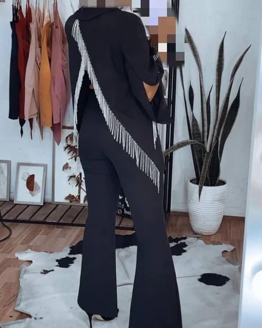 Costume pantalon pour mère de la mariée, design unique, dos nu, pompon argenté, soirée, smoking pour femme, pour mariage (veste + pantalon) 