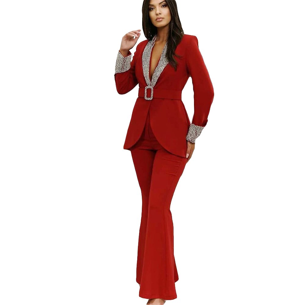 Mother Of The Bride Pant Suits Red Crystal Evening Party Women Tuxedos For Wedding (Jacket+Pants)