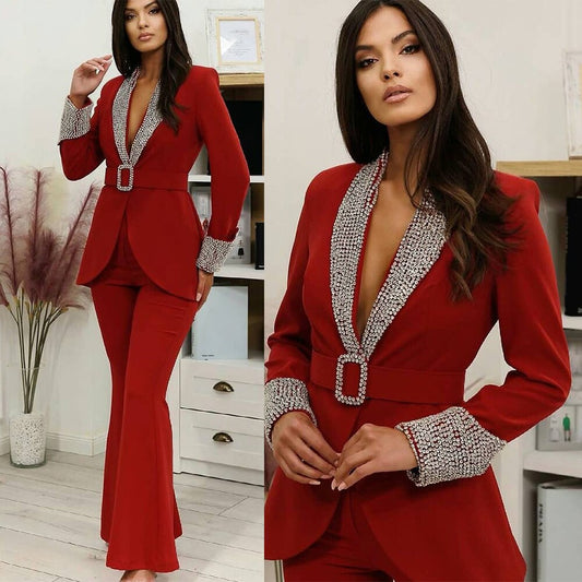 Mother Of The Bride Pant Suits Red Crystal Evening Party Women Tuxedos For Wedding (Jacket+Pants)