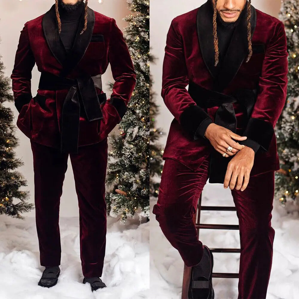 Velvet Burgundy Men Suit Tailor-Made 2 Pieces Blazer Pants Lapel With Belt Fit Slim Formal Business Causal Party Host Tailored