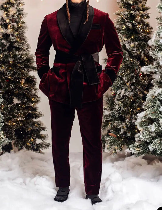 Velvet Burgundy Men Suit Tailor-Made 2 Pieces Blazer Pants Lapel With Belt Fit Slim Formal Business Causal Party Host Tailored