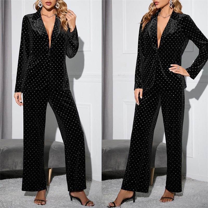 Conjunto de traje de terciopelo con lunares para mujer, blazer y pantalón, 2 piezas, chaqueta formal negra para oficina, vestido de fiesta, esmoquin de boda sexy con cuello en V 