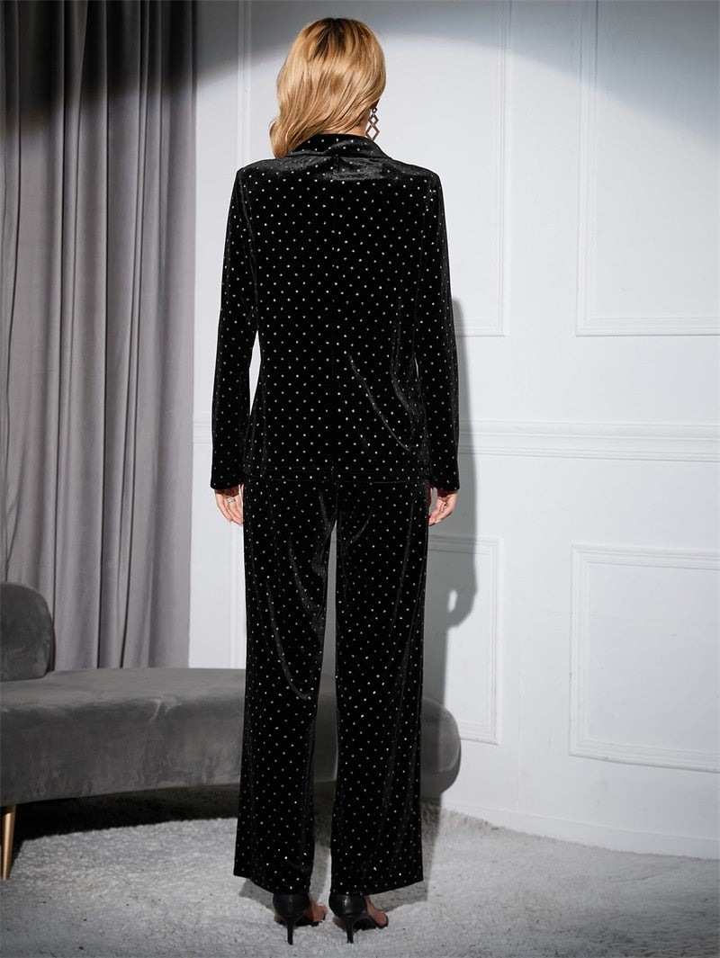 Conjunto de traje de terciopelo con lunares para mujer, blazer y pantalón, 2 piezas, chaqueta formal negra para oficina, vestido de fiesta, esmoquin de boda sexy con cuello en V 