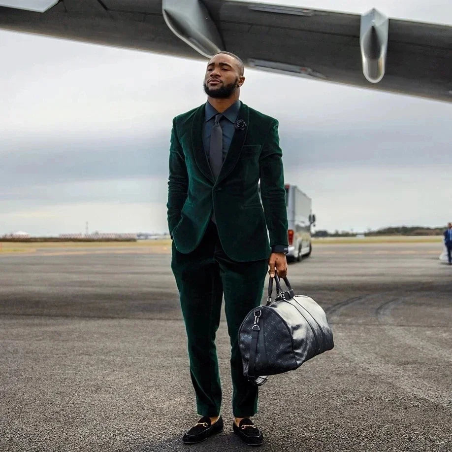 Costume formel en velours pour homme, smoking de marié à un bouton, coupe slim, blazer de bal avec pantalon, 2 pièces
