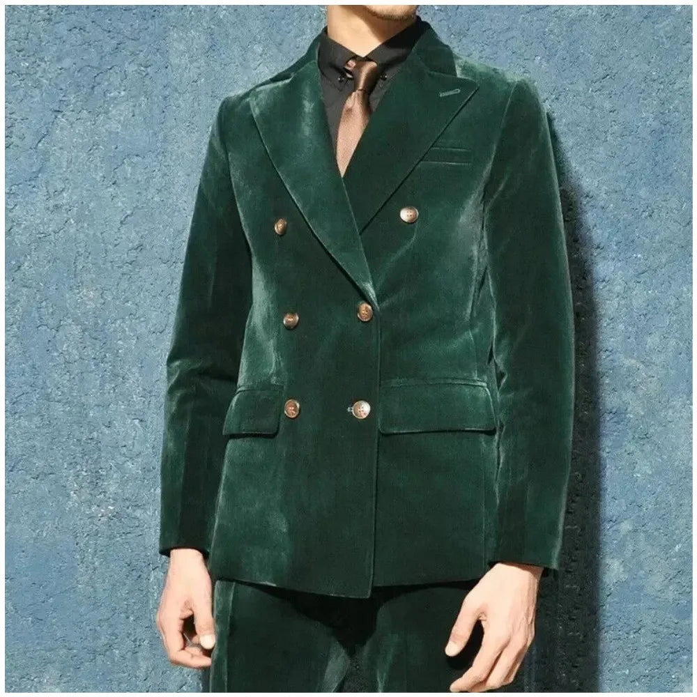 Trajes de terciopelo para hombre, 2 piezas, verde esmeralda, solapa de pico, blazer cruzado, conjunto de novio formal para boda, chaqueta y pantalones a medida.