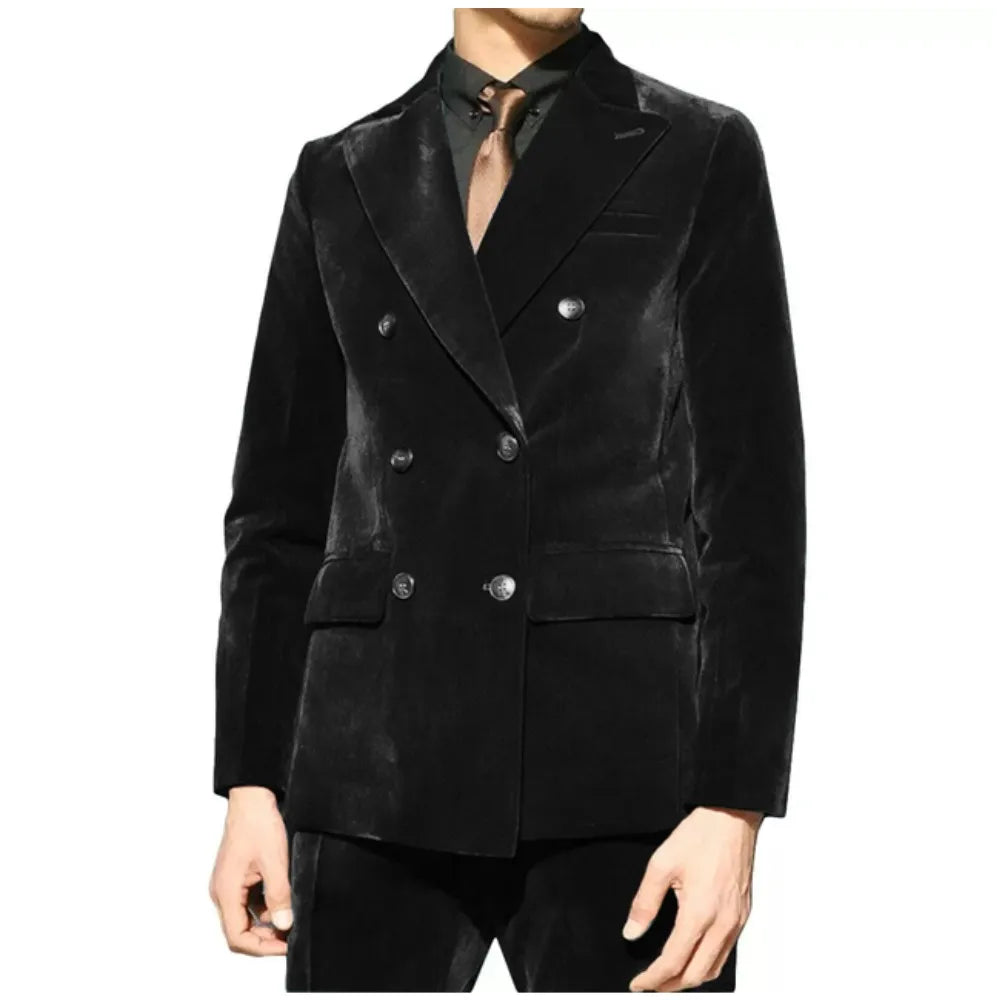 Trajes de terciopelo para hombre, 2 piezas, verde esmeralda, solapa de pico, blazer cruzado, conjunto de novio formal para boda, chaqueta y pantalones a medida.