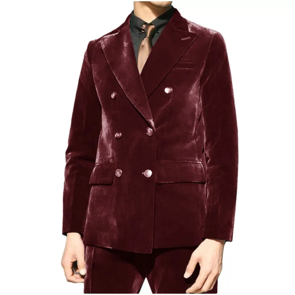 Trajes de terciopelo para hombre, 2 piezas, verde esmeralda, solapa de pico, blazer cruzado, conjunto de novio formal para boda, chaqueta y pantalones a medida.