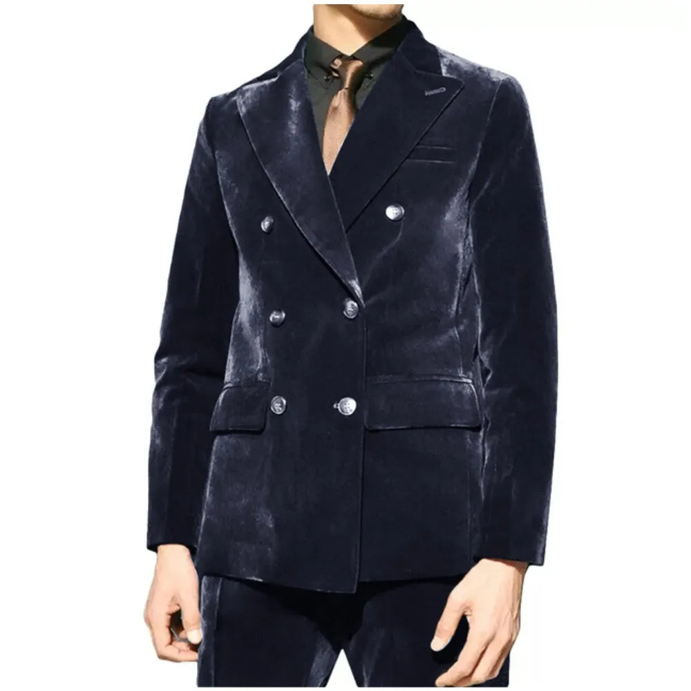 Trajes de terciopelo para hombre, 2 piezas, verde esmeralda, solapa de pico, blazer cruzado, conjunto de novio formal para boda, chaqueta y pantalones a medida.