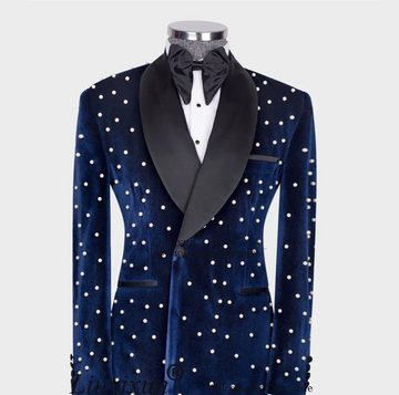 Velvet Pearl Mens Suits Double Breasted Groom Wedding Tuxedos 2 Pieces Sets Male Prom Blazers Hombre Customized Costume