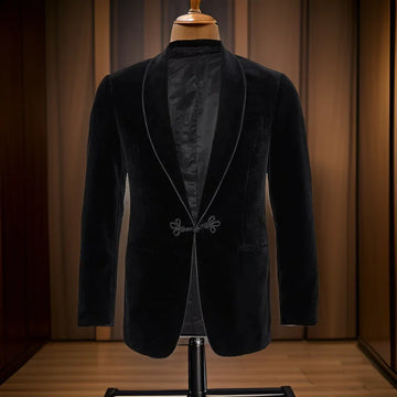 Men's Black Velvet Blazer Jacket with Satin Lapel and Trim Detailing