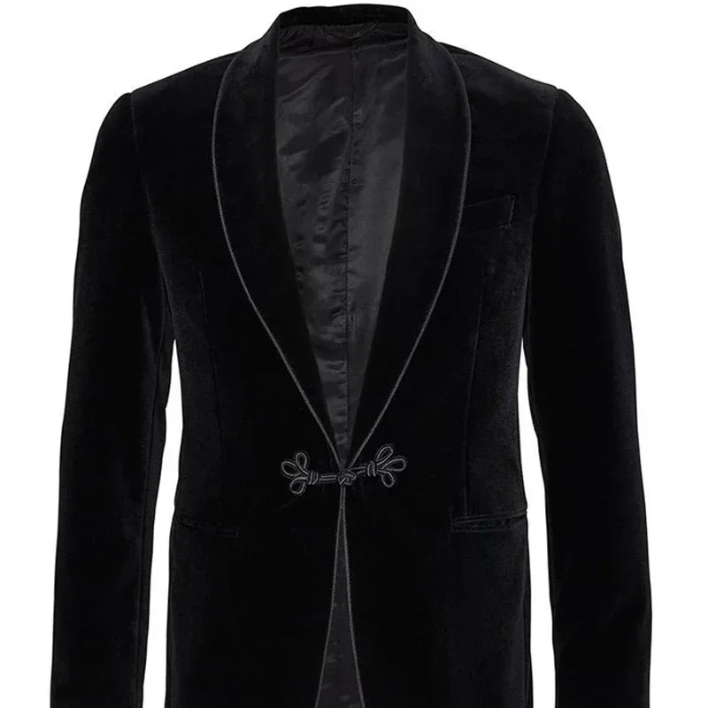 Men's Black Velvet Blazer Jacket with Satin Lapel and Trim Detailing