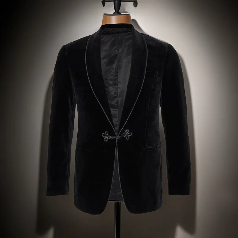 Men's Black Velvet Blazer Jacket with Satin Lapel and Trim Detailing