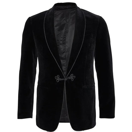 Men's Black Velvet Blazer Jacket with Satin Lapel and Trim Detailing