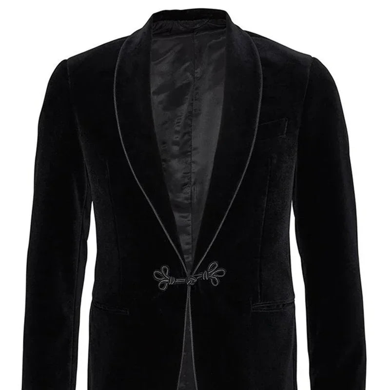 Men's Black Velvet Blazer Jacket with Satin Lapel and Trim Detailing